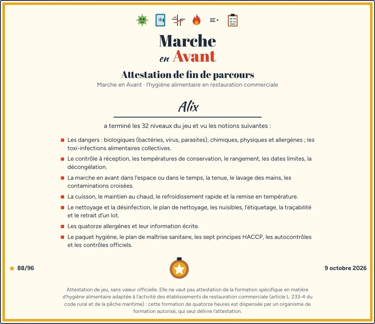 L’attestation de fin de parcours de Marche en Avant au prénom d’Alix : les sept notions vues, les étoiles, la date, et la mention qu’elle ne vaut pas attestation de la formation réglementaire