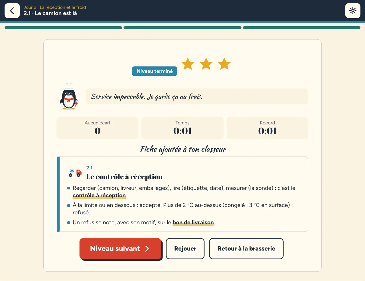 Fin du niveau 2.1 « Le camion est là » : trois étoiles, aucun écart, le mot de Thermo et la fiche « Le contrôle à réception » ajoutée au classeur