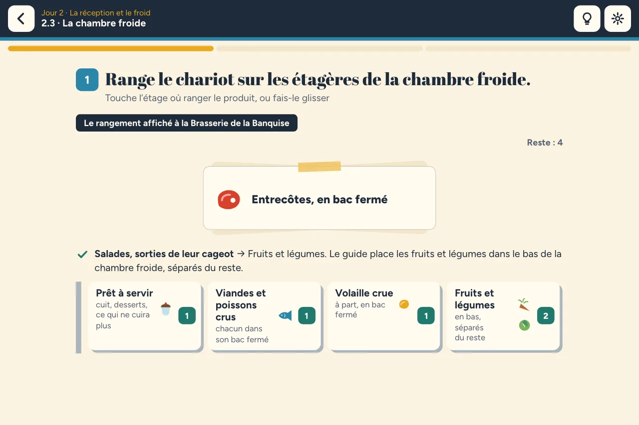 Niveau 2.3 « La chambre froide » : un produit du chariot à poser sur l’une des quatre étagères de la chambre froide, où cinq produits sont déjà rangés