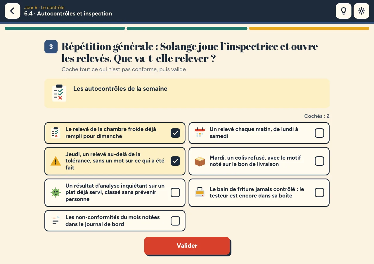 Niveau 6.4 « Autocontrôles et inspection » : les autocontrôles de la semaine, sept constats dont deux sont cochés