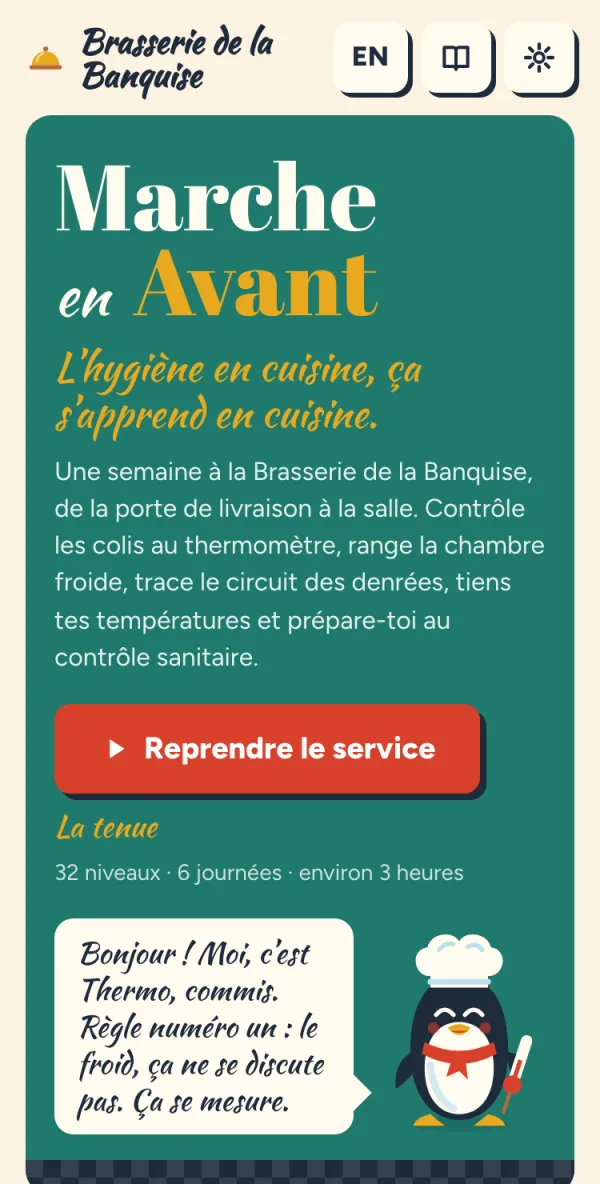 Marche en Avant sur téléphone : l’enseigne, le bouton « Reprendre le service » et Thermo