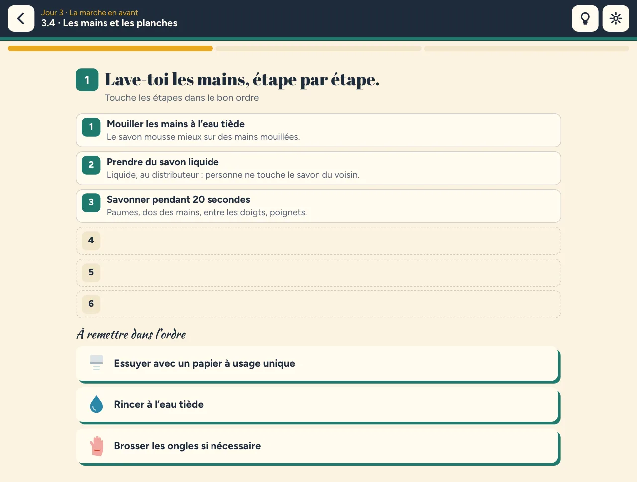 Niveau 3.4 « Les mains et les planches » : le lavage des mains, trois étapes déjà à leur place, trois à remettre dans l’ordre