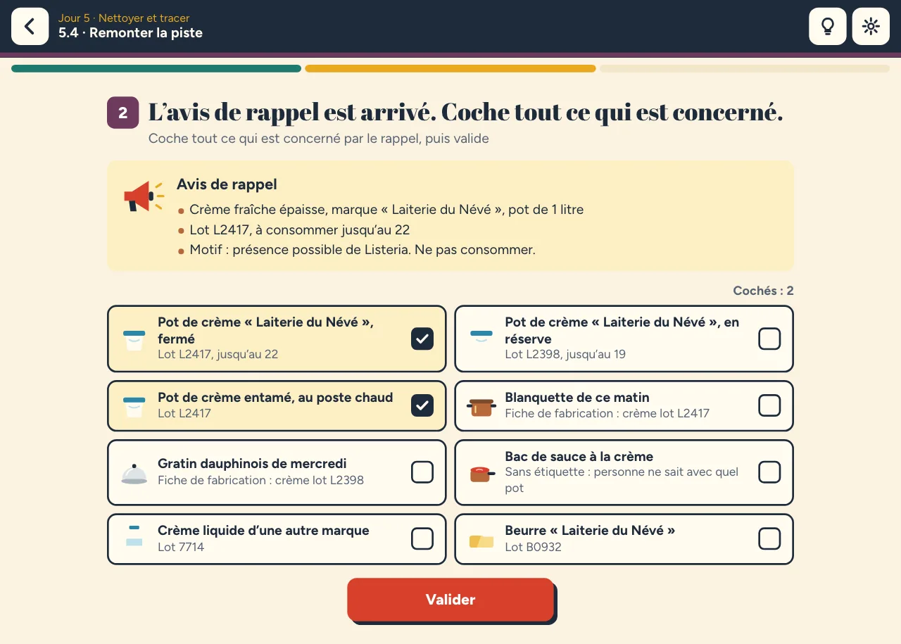 Niveau 5.4 « Remonter la piste » : l’avis de rappel d’un lot de crème et huit produits de la cuisine, deux sont cochés