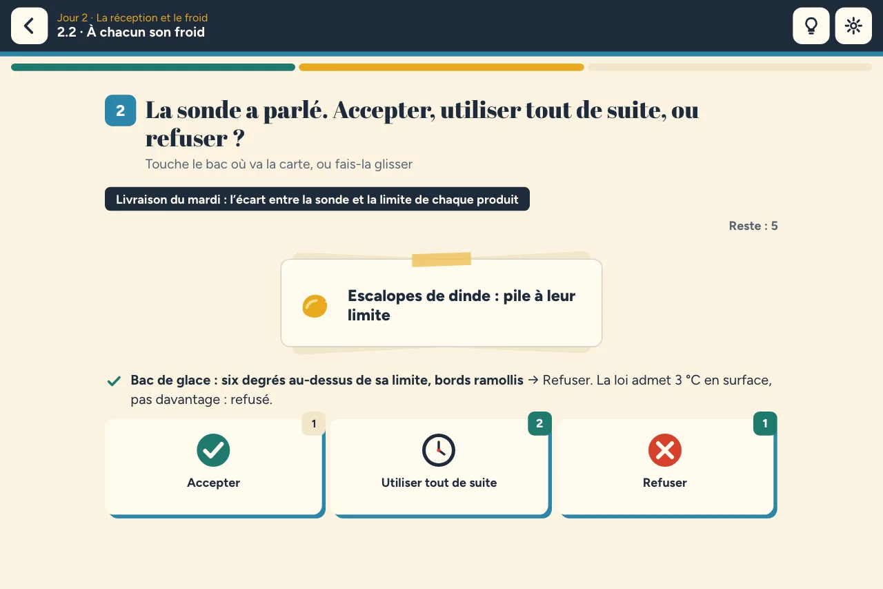 Niveau 2.2 « À chacun son froid » : la sonde a parlé, trois bacs, accepter, utiliser tout de suite ou refuser
