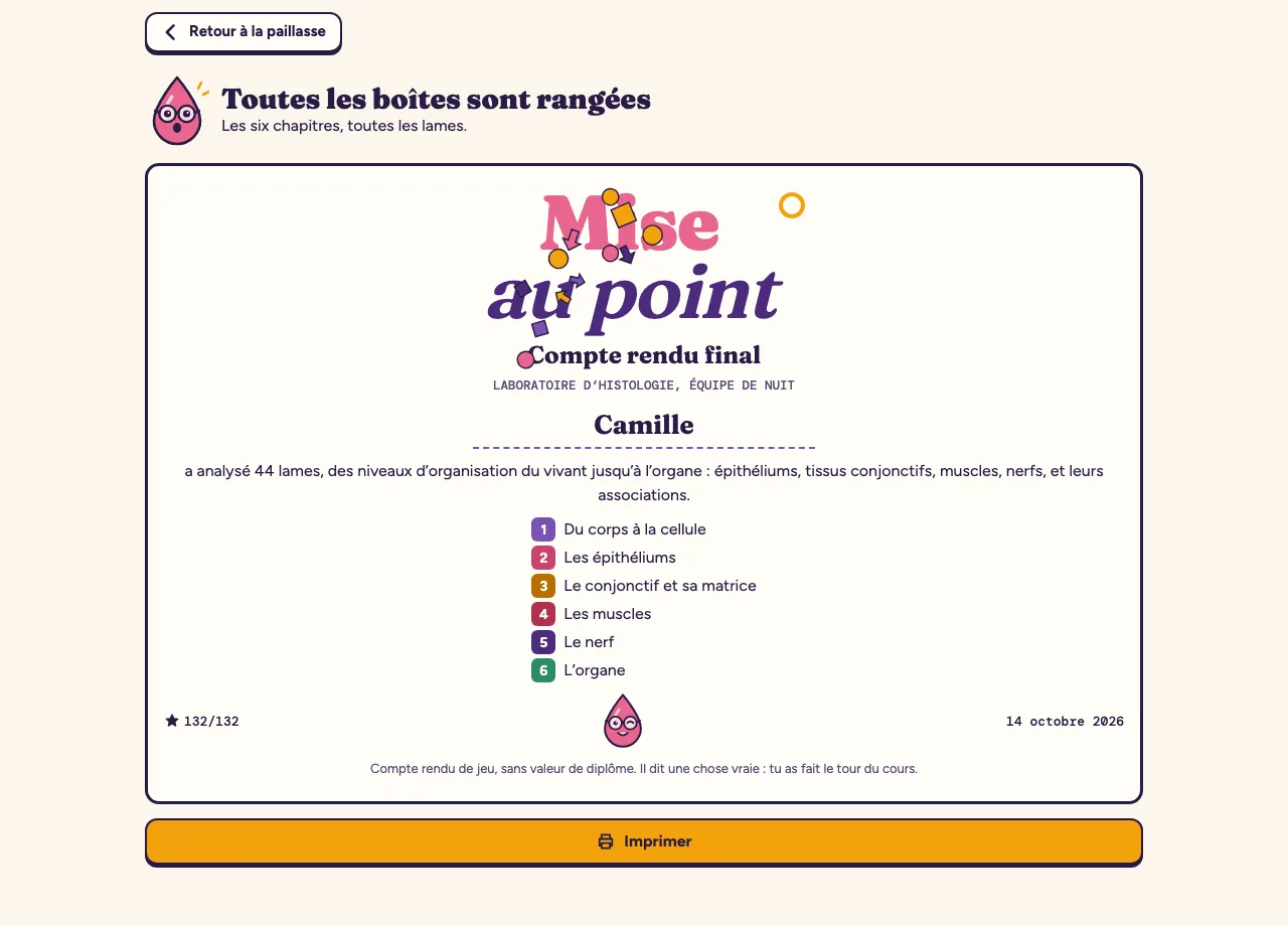 Le compte rendu final au prénom de Camille : 44 lames analysées, les six boîtes, les étoiles, la date, et la mention « sans valeur de diplôme »