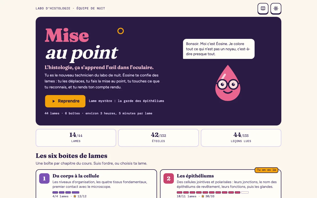 L’accueil de Mise au point : le nom du jeu sur fond nuit, Éosine et sa bulle, 14 lames analysées sur 44, puis les six boîtes de lames