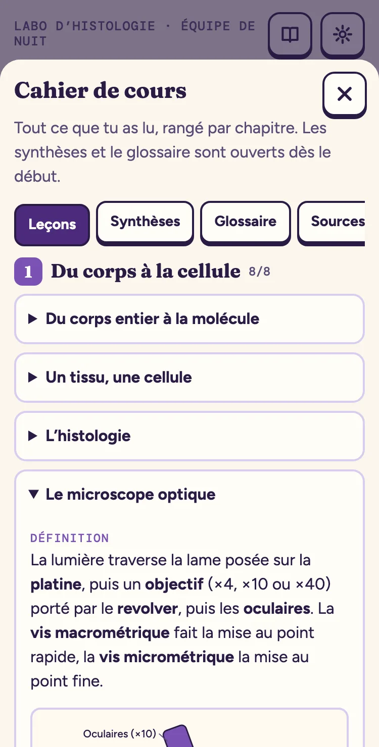 Sur téléphone : le cahier de cours et ses leçons