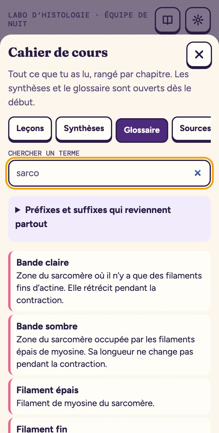 Sur téléphone : le glossaire et sa recherche