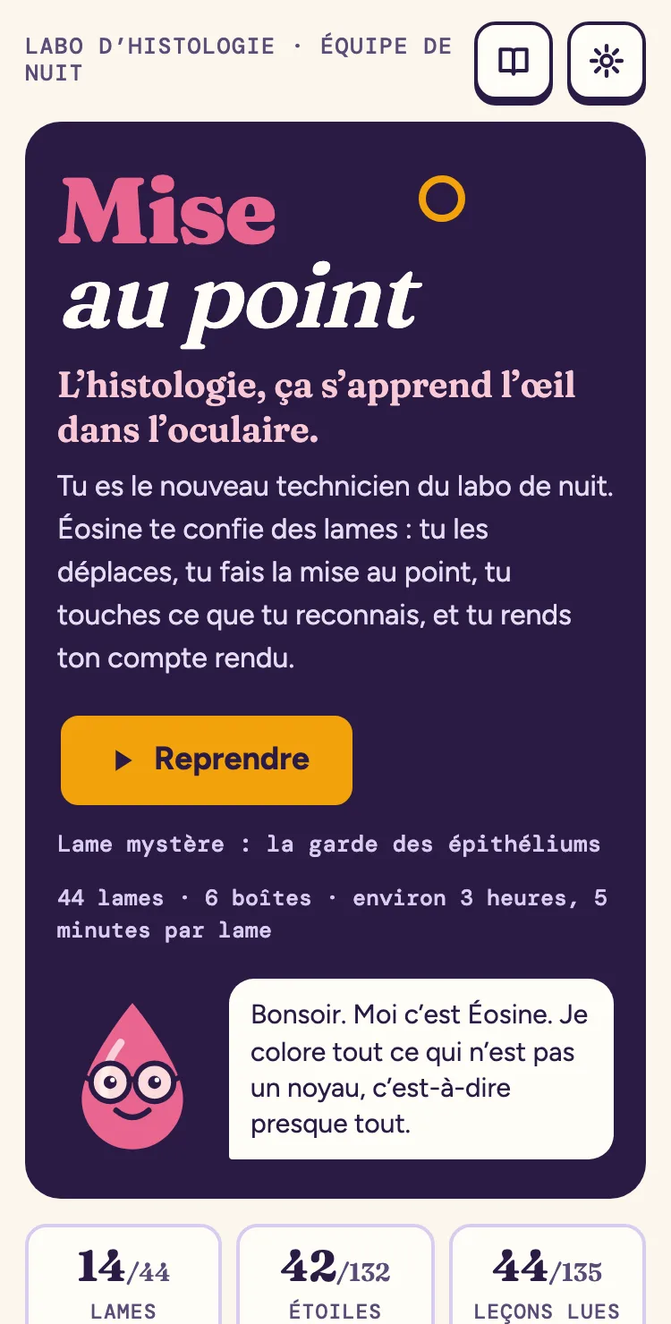 Mise au point sur téléphone : le nom du jeu, le bouton « Reprendre », Éosine et sa bulle