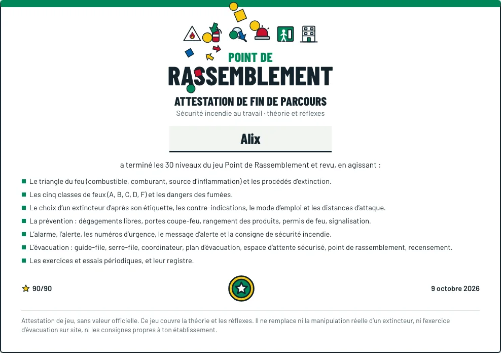 L’attestation de fin de parcours au prénom d’Alix : les notions vues, les étoiles, la date, et la mention « Ce jeu couvre la théorie et les réflexes »