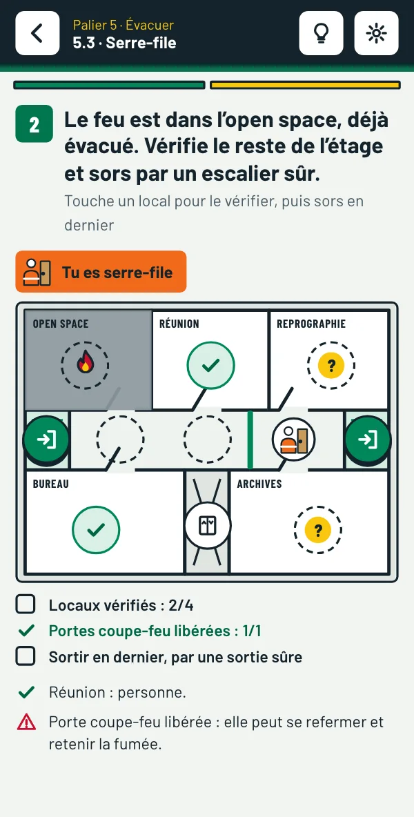Sur téléphone : l’évacuation en serre-file, l’open space en feu, la fumée qui gagne, la porte coupe-feu libérée