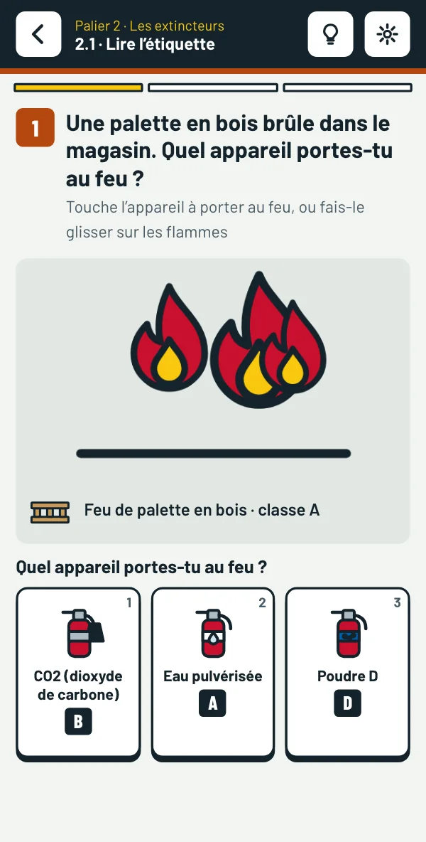 Sur téléphone : une palette en feu et trois appareils, chacun avec les lettres de son étiquette