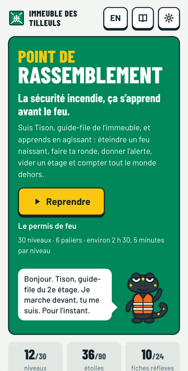 Point de Rassemblement sur téléphone : le nom du jeu, le bouton « Reprendre » et Tison