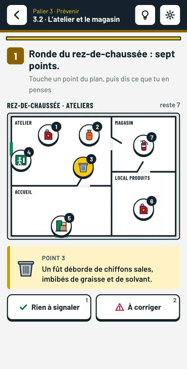 Sur téléphone : la ronde du rez-de-chaussée, un fût de chiffons sales, « Rien à signaler » ou « À corriger »