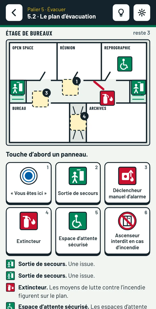 Sur téléphone : le plan d’évacuation, quatre symboles posés, le plateau de panneaux dessous