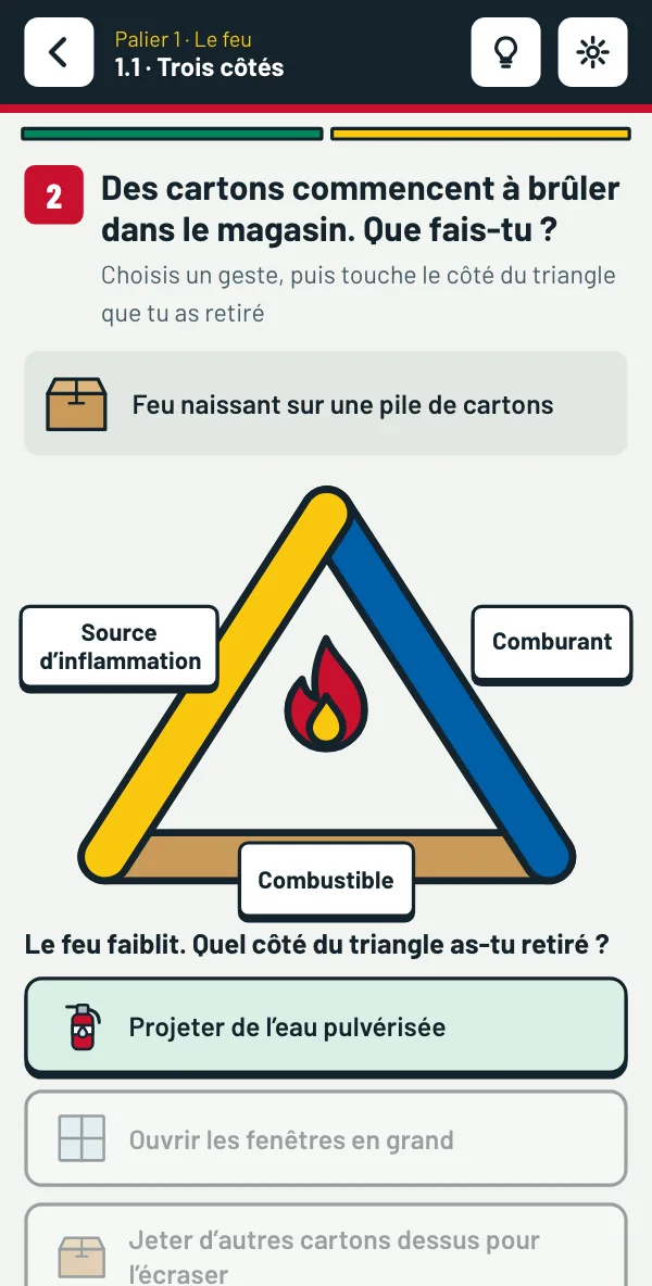 Sur téléphone : le triangle du feu, un geste choisi, et la question « Quel côté du triangle as-tu retiré ? »