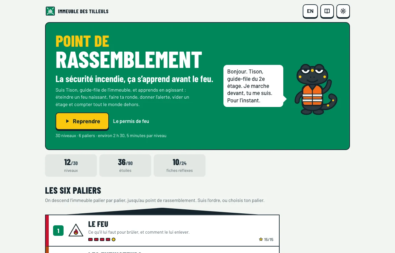 L’accueil du jeu : l’immeuble en coupe et ses six paliers, le palier 3 marqué « Tu es ici », et le point de rassemblement en bas