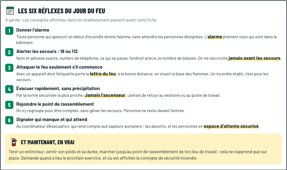 La fiche à emporter, telle que le jeu l’imprime : les six réflexes du jour du feu, puis l’encadré « Et maintenant, en vrai »