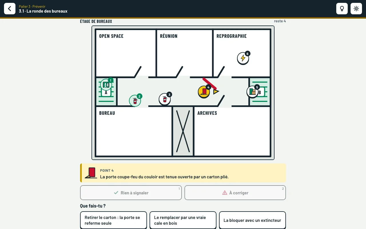 Niveau 3.1 « La ronde des bureaux » : le plan de l’étage de bureaux, deux points déjà jugés, et la porte coupe-feu calée avec trois gestes possibles