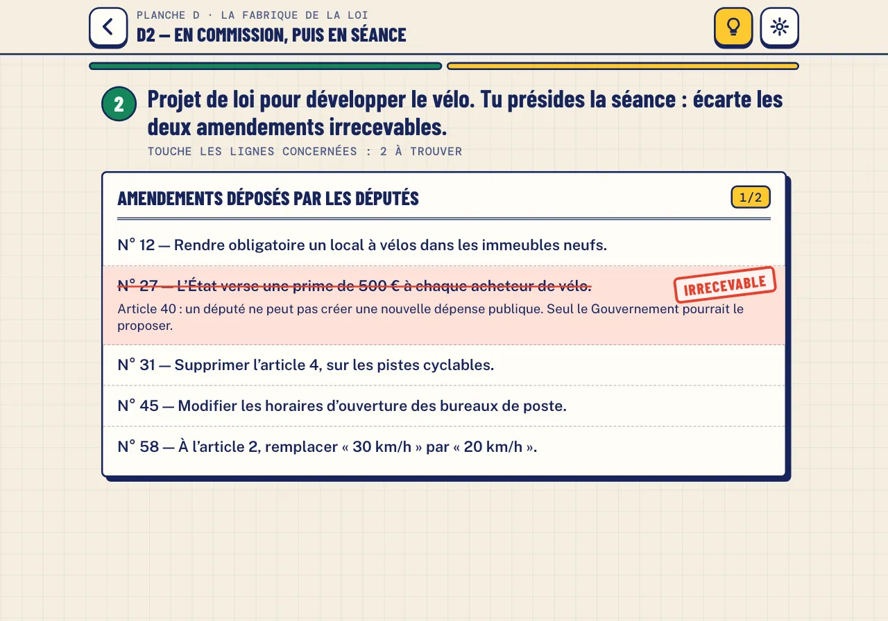 Étape D2 : cinq amendements à un projet de loi sur le vélo ; le n° 27 est tamponné « Irrecevable » au titre de l’article 40