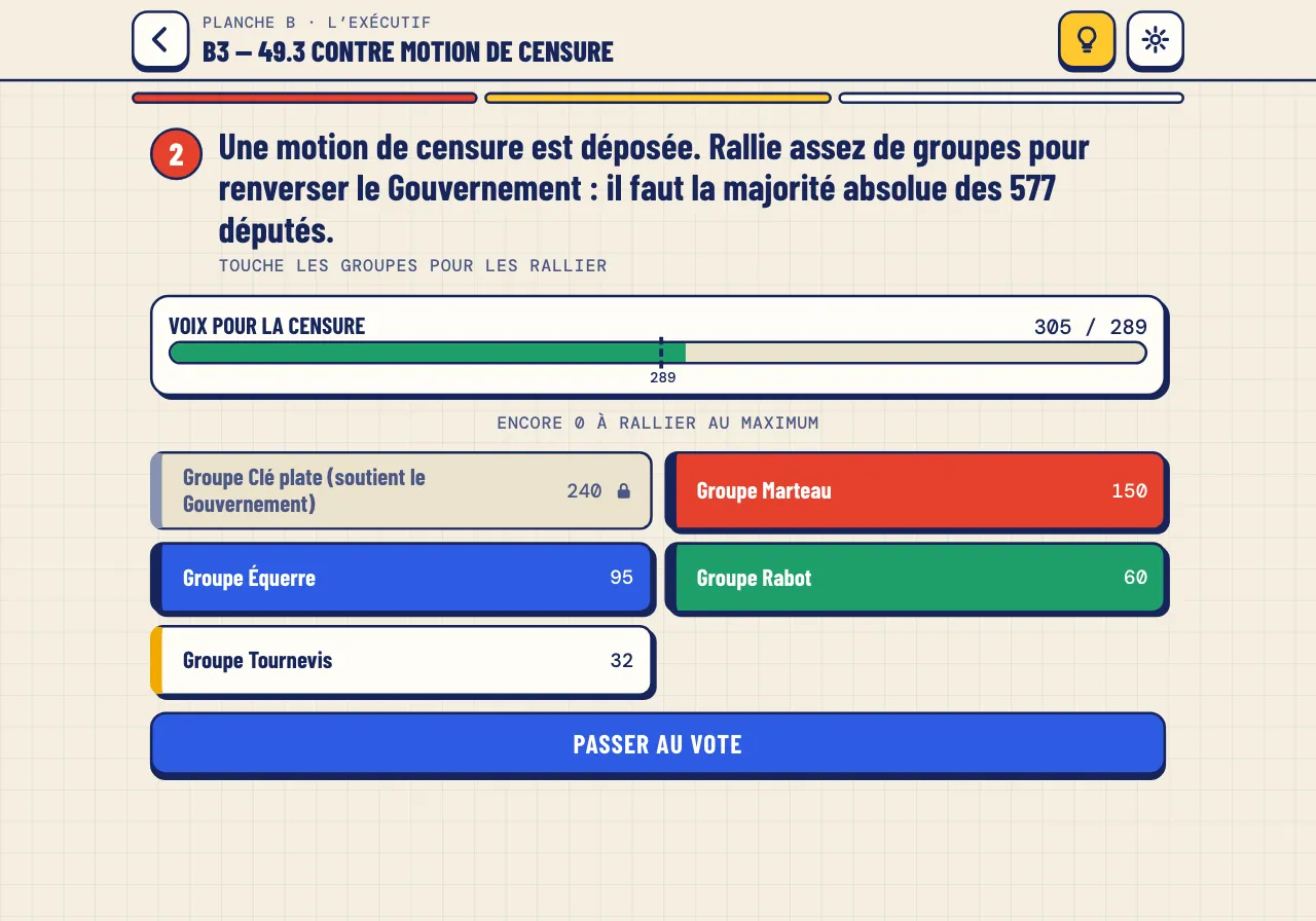 Étape B3 : trois groupes ralliés, 305 voix pour 289 nécessaires, le bouton « Passer au vote » est actif