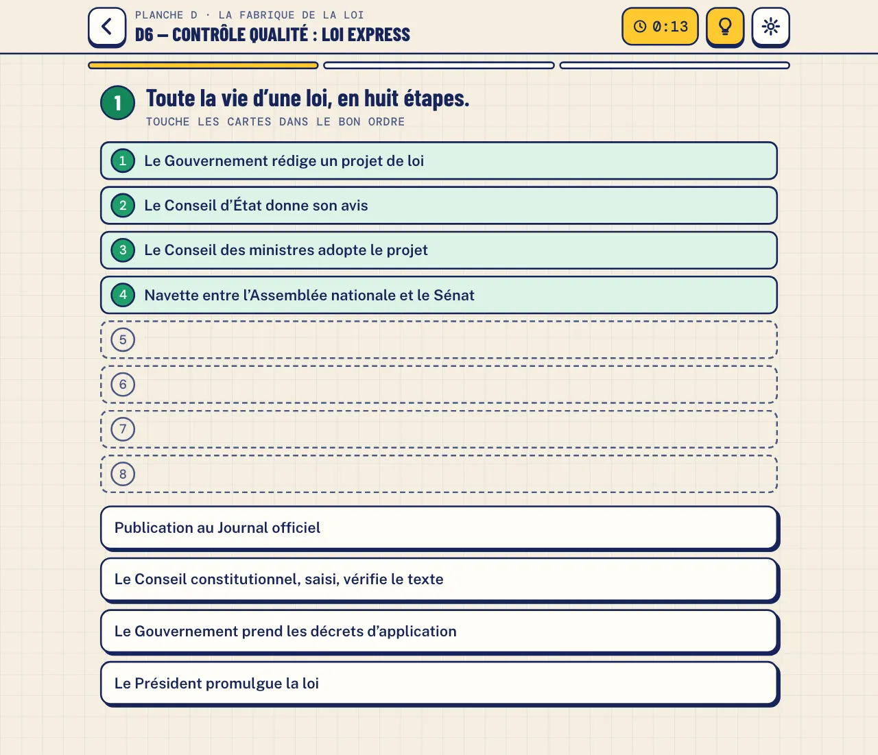 Contrôle qualité de la planche D : « Toute la vie d’une loi, en huit étapes », quatre cartes posées, le chronomètre affiche 0:13