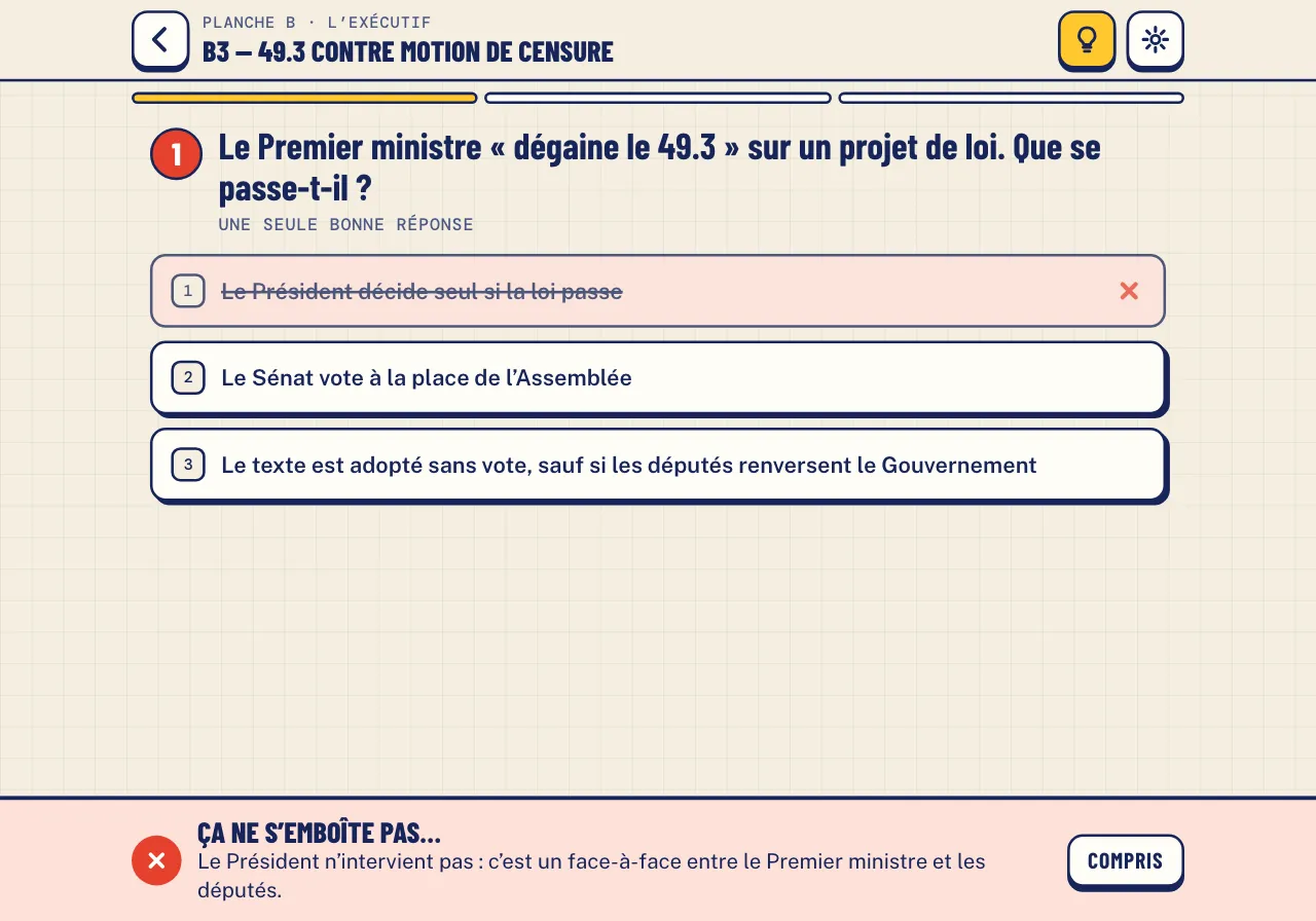 Étape B3 : la mauvaise réponse « Le Président décide seul si la loi passe » est barrée et expliquée