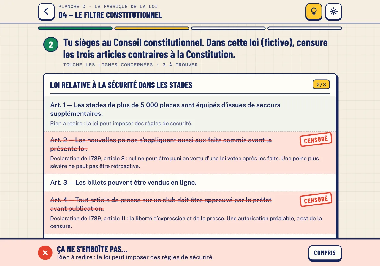 Étape D4 : deux articles d’une loi fictive sur la sécurité dans les stades sont tamponnés « Censuré »