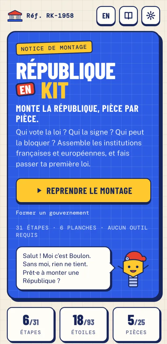 République en Kit sur téléphone : la boîte du kit, le bouton « Reprendre le montage » et Boulon