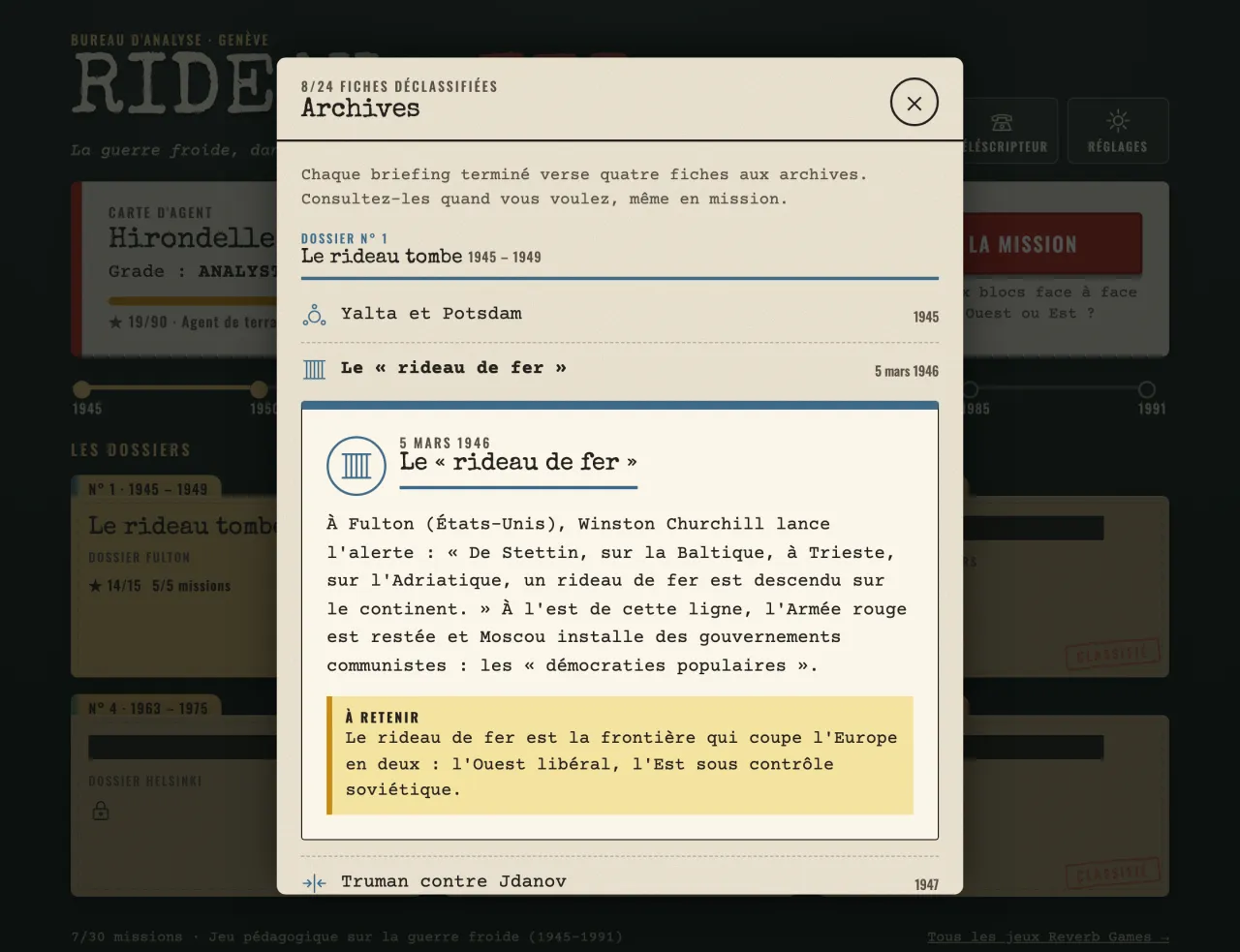 Les archives : la fiche « Le rideau de fer » ouverte, les fiches des dossiers suivants cachées par des barres noires