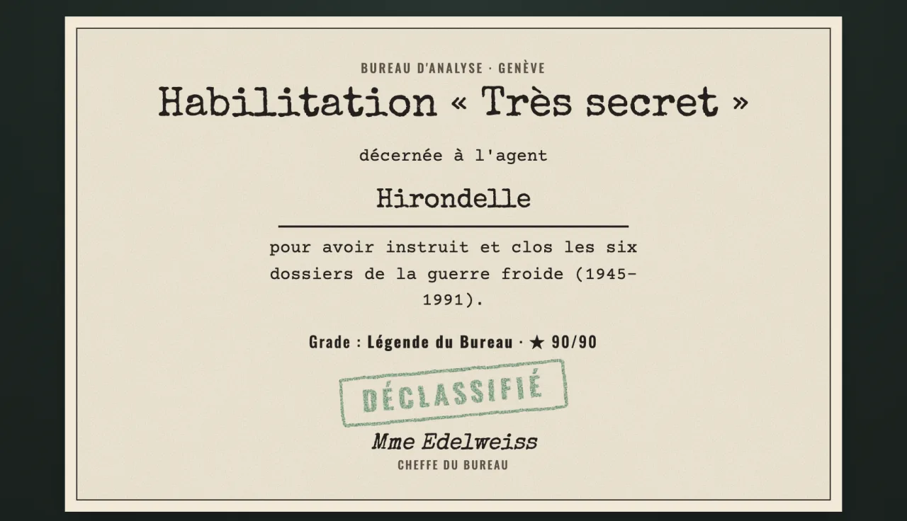 L'habilitation « Très secret » décernée à l'agent Hirondelle pour avoir instruit et clos les six dossiers de la guerre froide, tamponnée Déclassifié et signée Mme Edelweiss