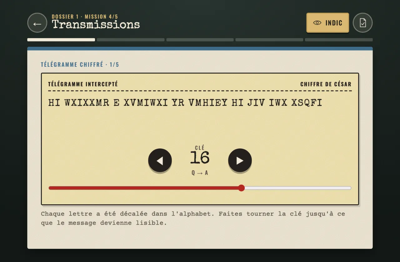 Télégramme intercepté, chiffre de César : le texte est encore illisible avec la clé 16, à régler avec les flèches ou le curseur
