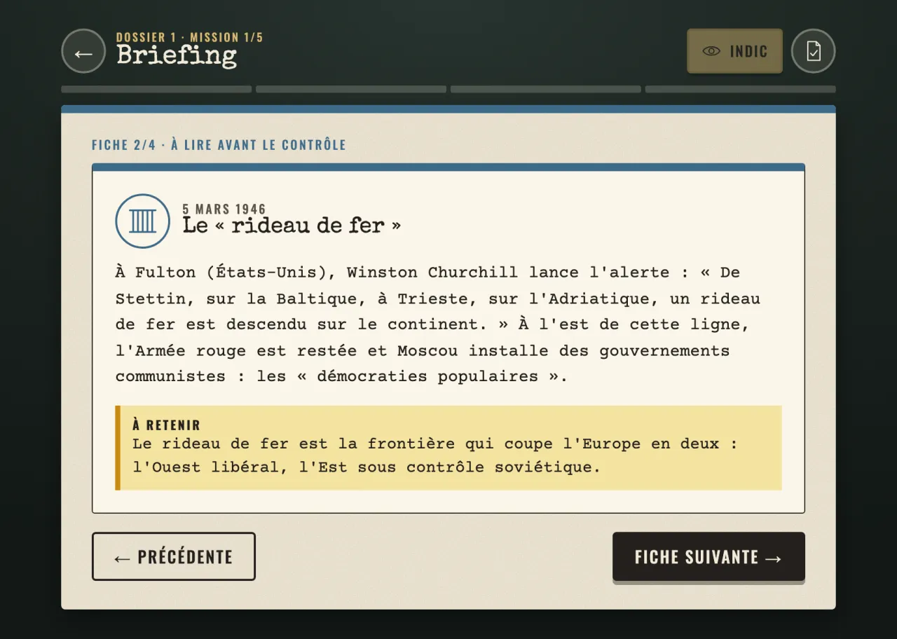Briefing du dossier 1 : la fiche « Le rideau de fer », 5 mars 1946, avec la citation de Churchill et l'encadré jaune « À retenir »