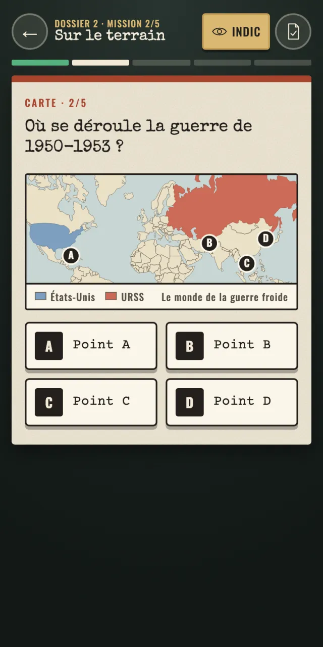 La carte du monde sur téléphone : « Où se déroule la guerre de 1950-1953 ? », quatre points et leurs boutons