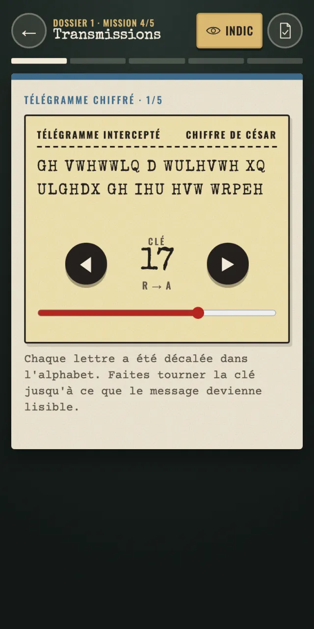 Un télégramme chiffré sur téléphone : la clé se règle avec deux gros boutons ou un curseur