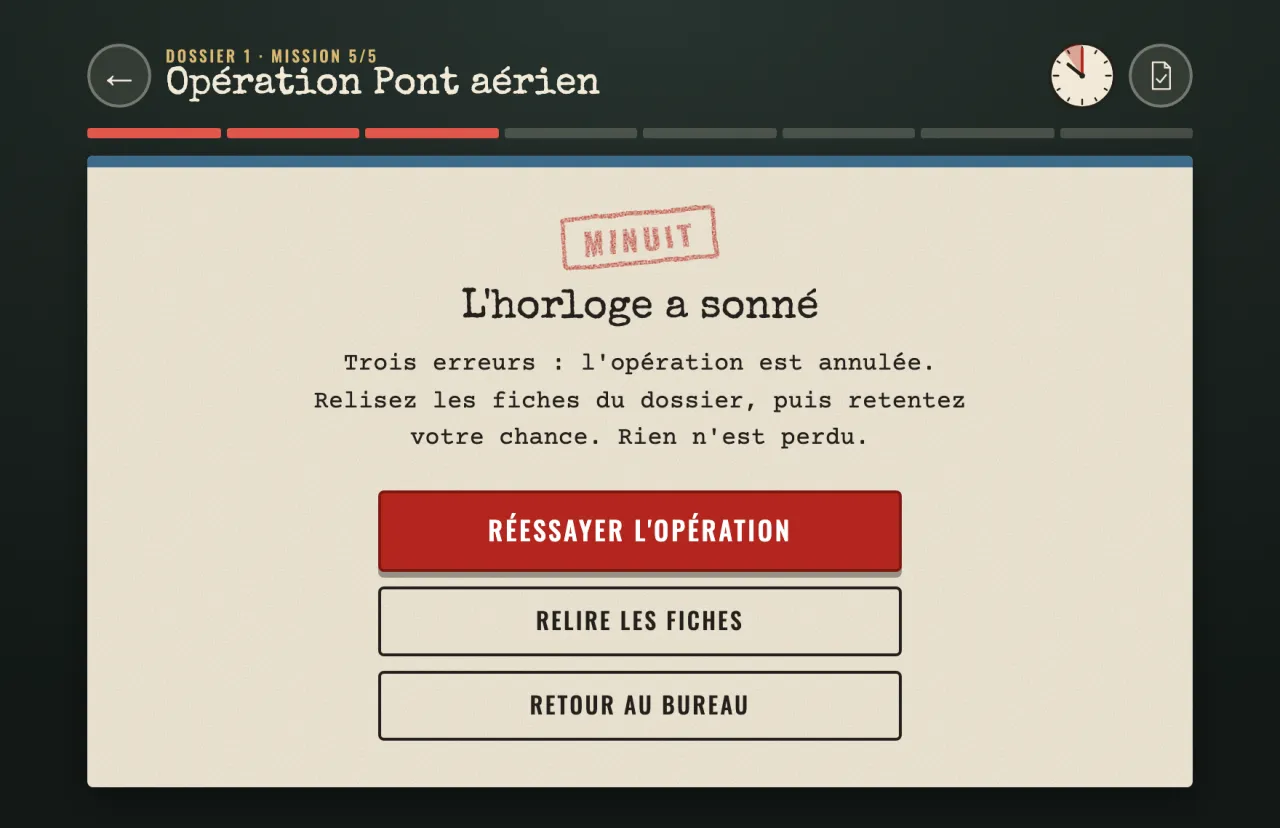Écran « L'horloge a sonné » : tampon Minuit, trois erreurs, boutons Réessayer l'opération et Relire les fiches