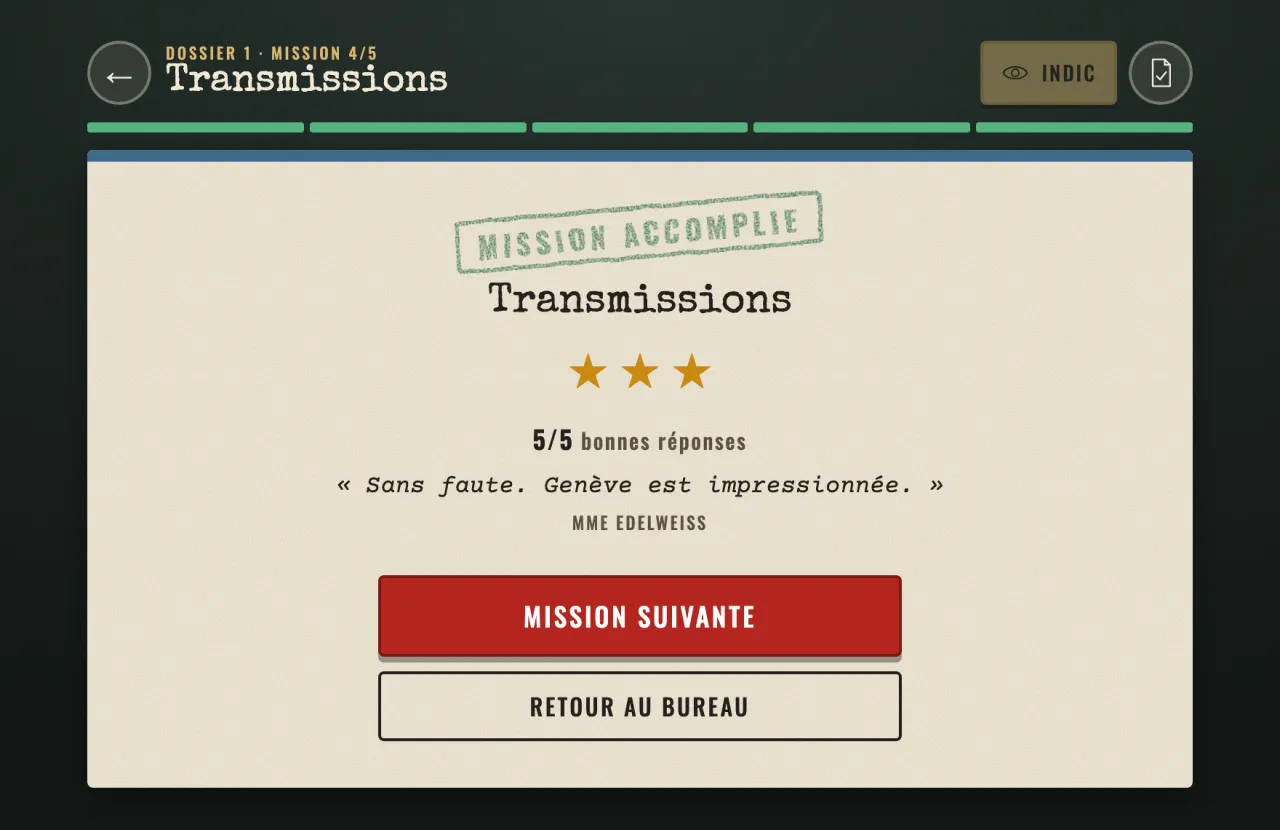 Rapport de mission : tampon Mission accomplie, trois étoiles, 5/5 bonnes réponses